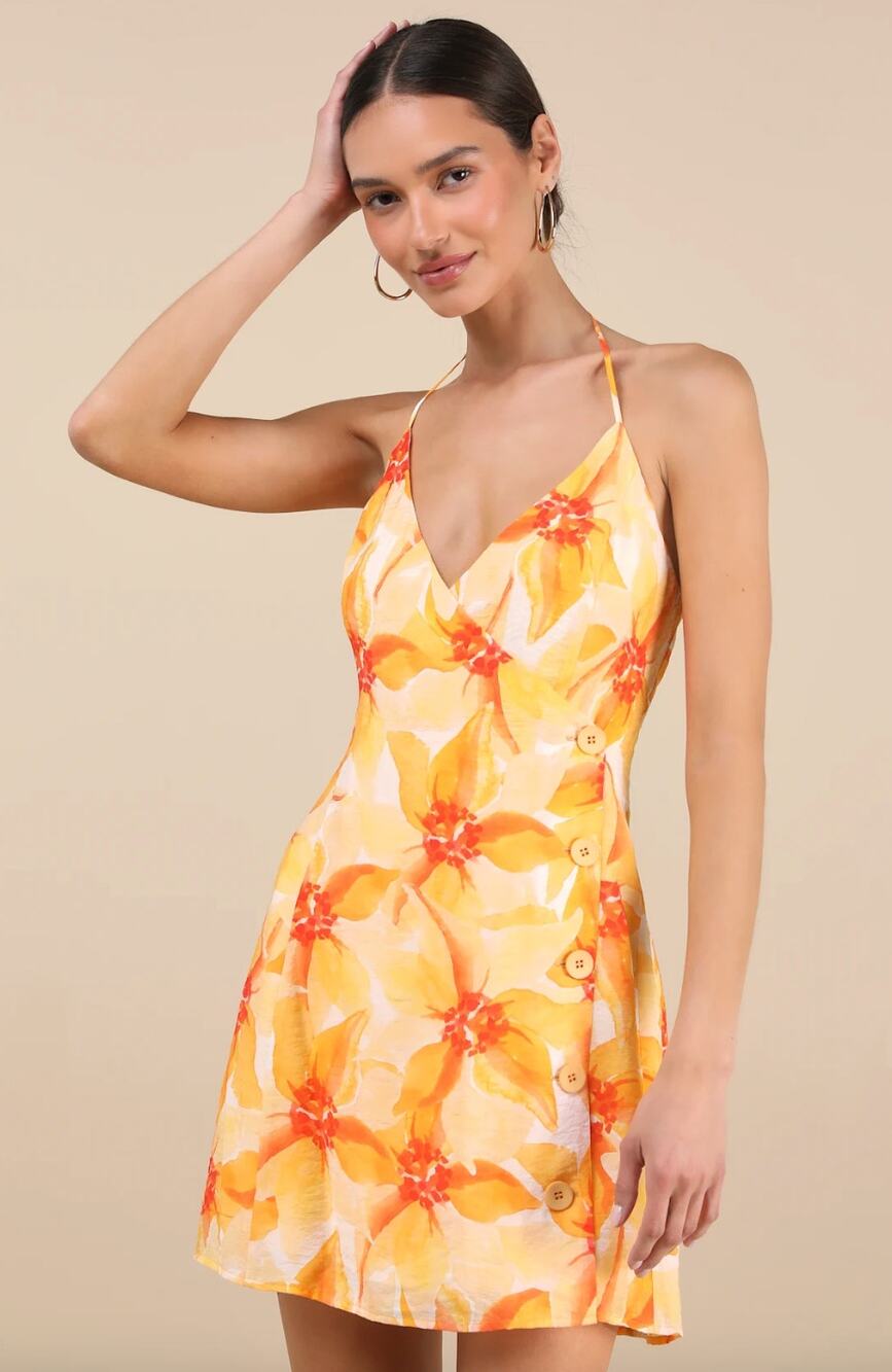 Lulus Prue Orange Floral Halter Mini Dress Rayon Resortwear Vacation XL NWT